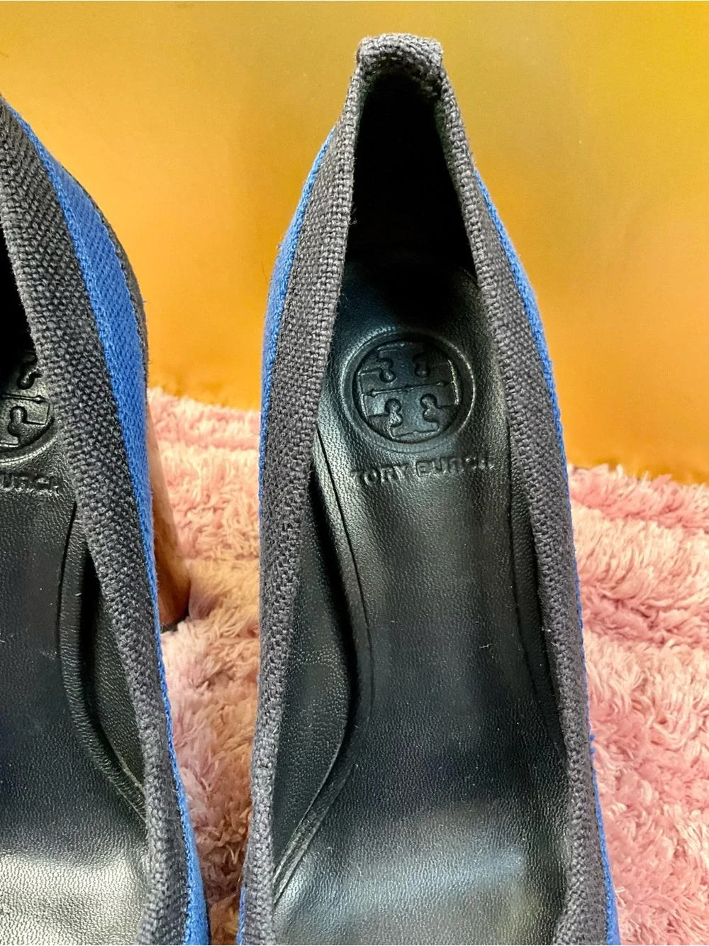 Tory Burch Blue and Black Striped Platform Pumps